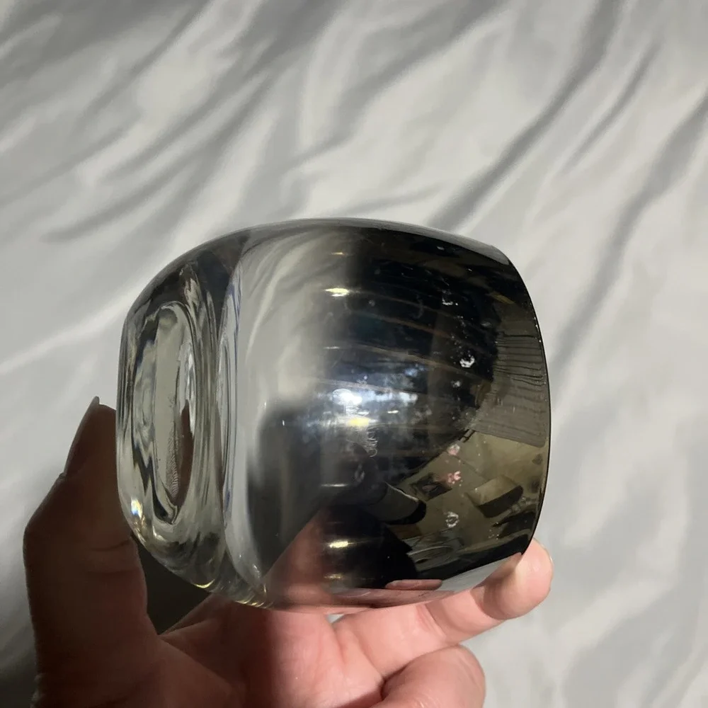 Vintage Mid Century Modern Decanter Chrome Accent & 4 Silver Fade Rocks Glasses.